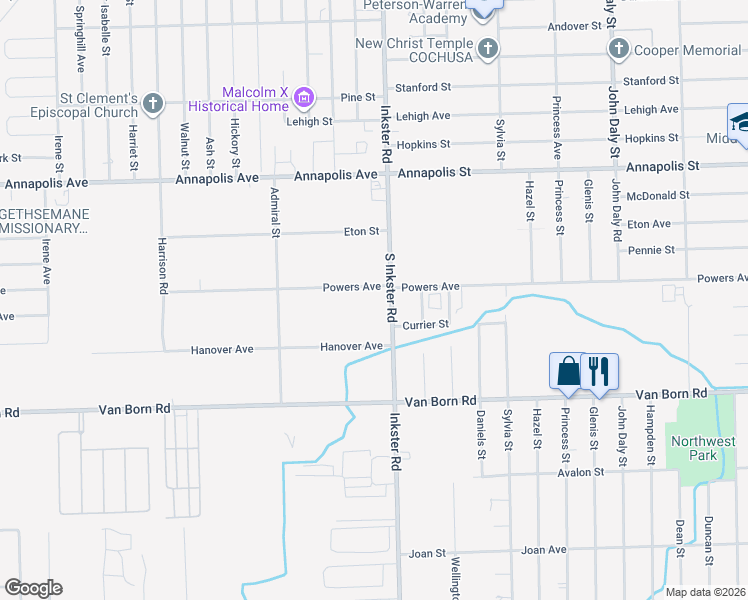 map of restaurants, bars, coffee shops, grocery stores, and more near 5322 Inkster Road in Westland
