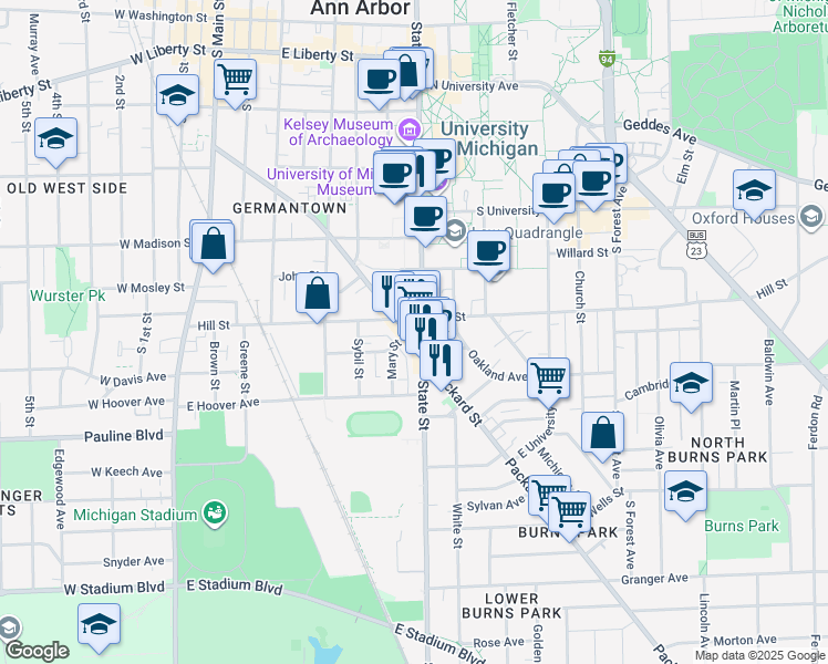 map of restaurants, bars, coffee shops, grocery stores, and more near 819 South State Street in Ann Arbor