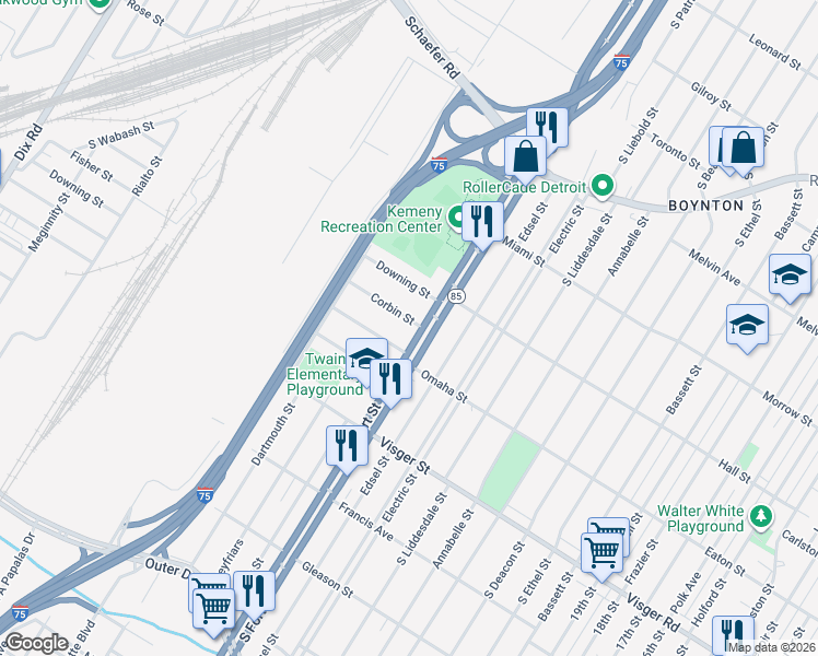 map of restaurants, bars, coffee shops, grocery stores, and more near 12747 Corbin Street in Detroit