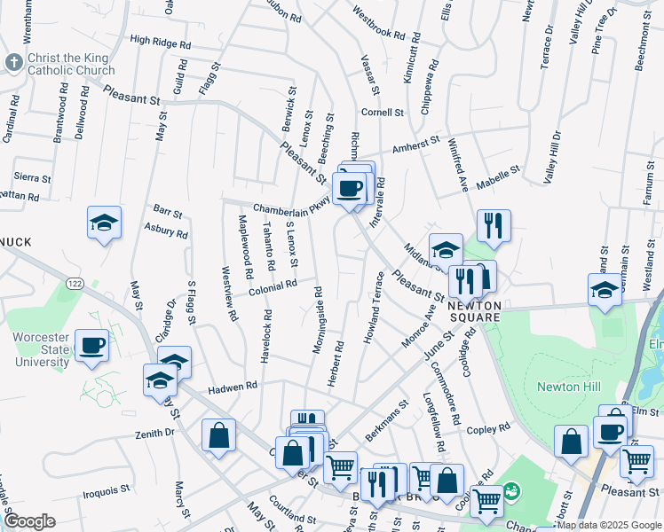 map of restaurants, bars, coffee shops, grocery stores, and more near 26 Saint Elmo Road in Worcester