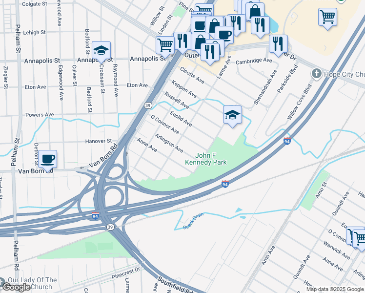 map of restaurants, bars, coffee shops, grocery stores, and more near 17108 Arlington Avenue in Allen Park