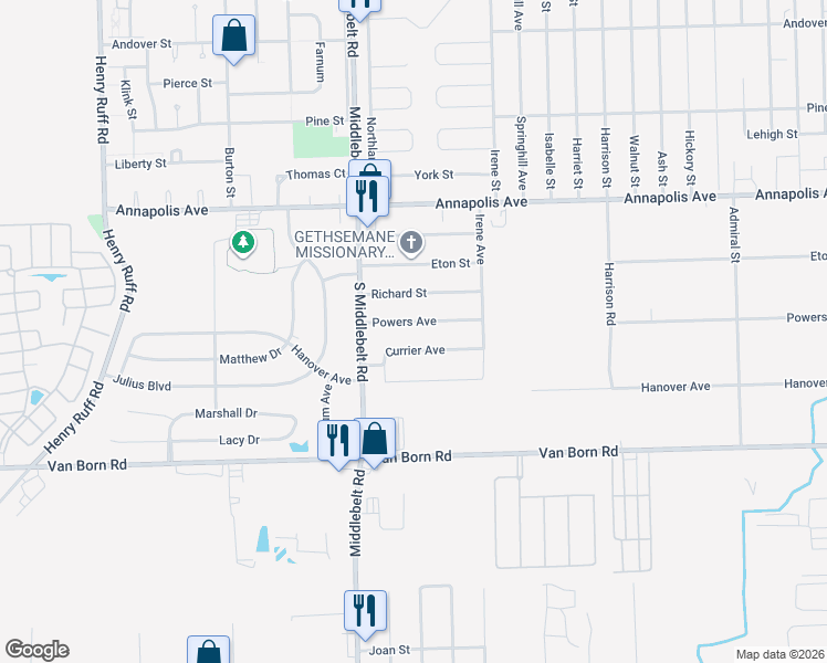 map of restaurants, bars, coffee shops, grocery stores, and more near 29049 Powers Street in Westland