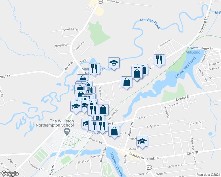 map of restaurants, bars, coffee shops, grocery stores, and more near 6 Prospect Street in Easthampton