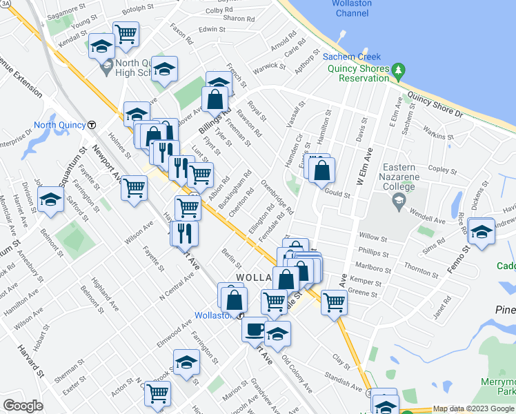 map of restaurants, bars, coffee shops, grocery stores, and more near 15 Dunbarton Road in Quincy