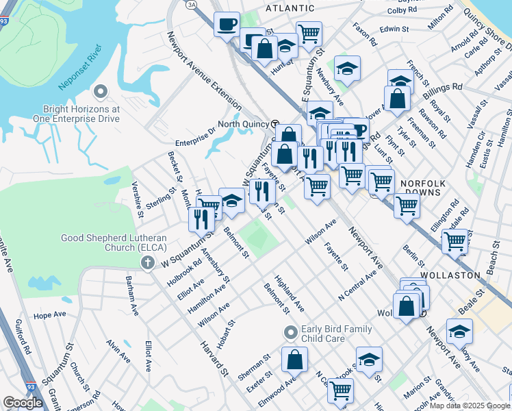 map of restaurants, bars, coffee shops, grocery stores, and more near 25 Safford Street in Quincy