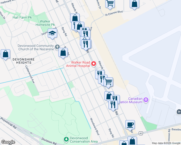 map of restaurants, bars, coffee shops, grocery stores, and more near 3600 Turner Road in Windsor