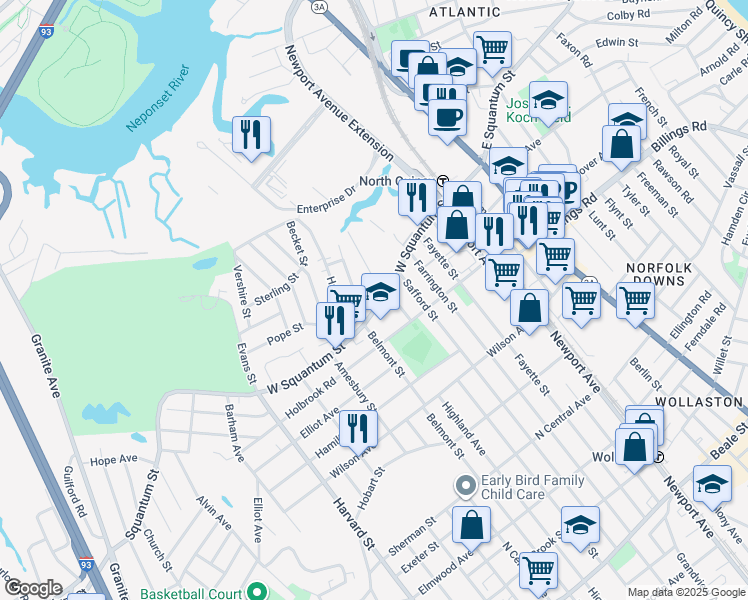 map of restaurants, bars, coffee shops, grocery stores, and more near 161 West Squantum Street in Quincy