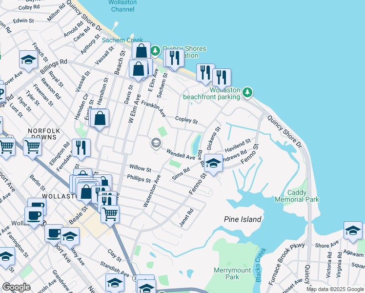 map of restaurants, bars, coffee shops, grocery stores, and more near 13 Sewall Street in Quincy