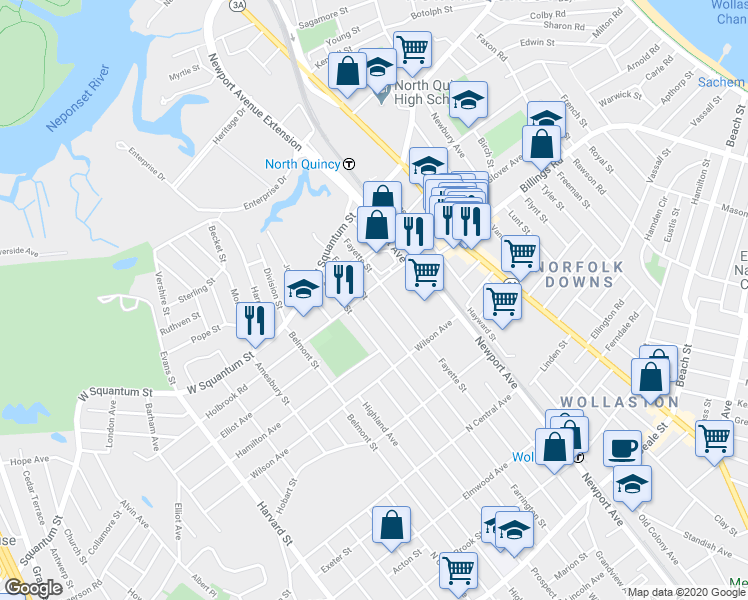 map of restaurants, bars, coffee shops, grocery stores, and more near 59 Farrington Street in Quincy