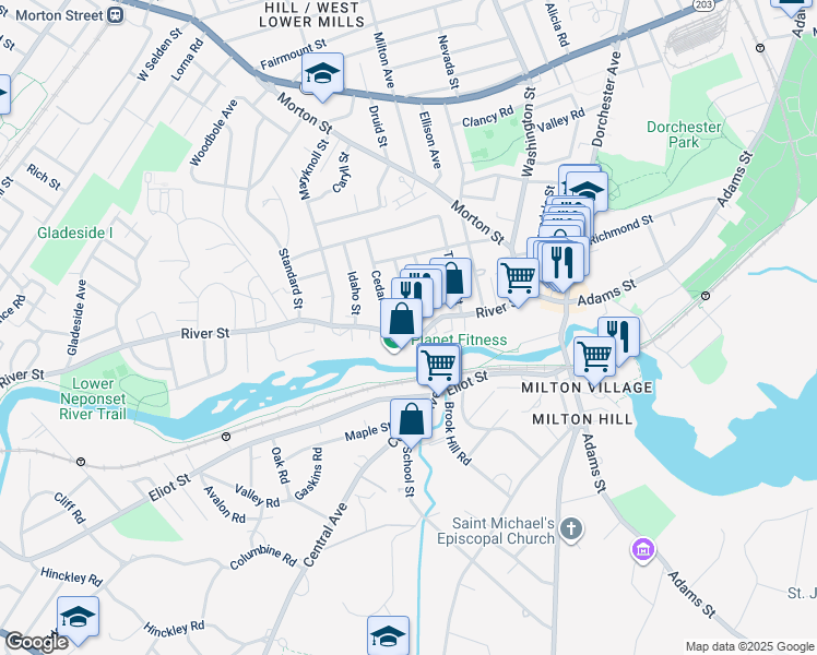 map of restaurants, bars, coffee shops, grocery stores, and more near 89 River Street in Boston