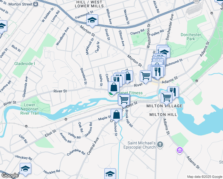 map of restaurants, bars, coffee shops, grocery stores, and more near 89 River Street in Boston