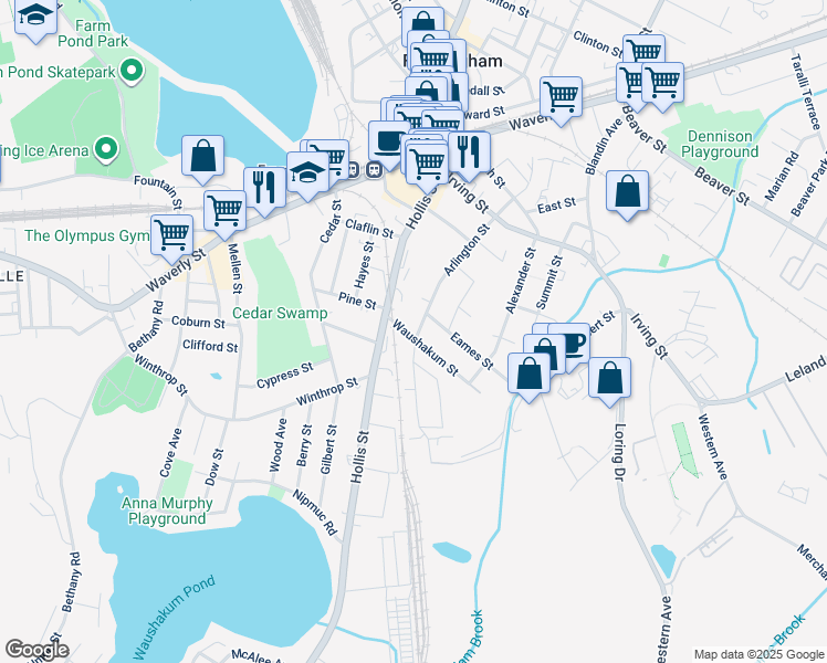 map of restaurants, bars, coffee shops, grocery stores, and more near 22 Waushakum Street in Framingham