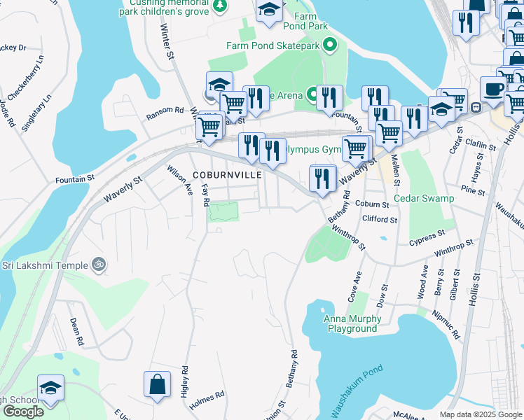 map of restaurants, bars, coffee shops, grocery stores, and more near 10R Desoto Avenue in Framingham