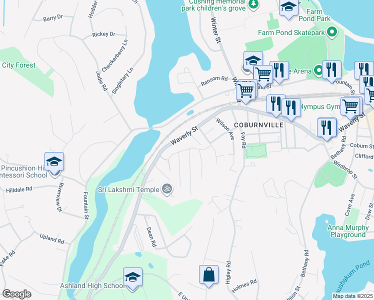 map of restaurants, bars, coffee shops, grocery stores, and more near 38 Vose Street in Framingham