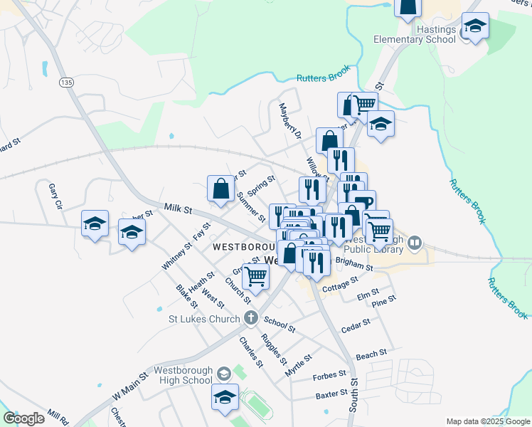map of restaurants, bars, coffee shops, grocery stores, and more near 40 Summer Street in Westborough