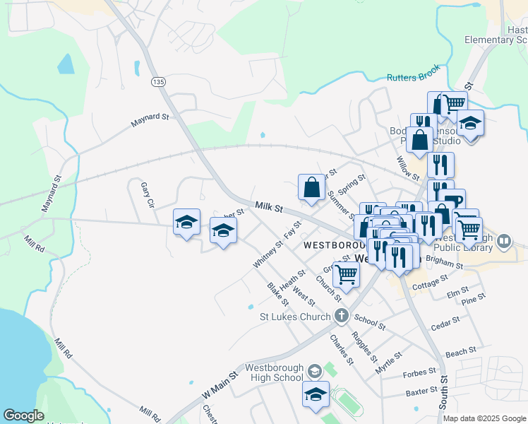 map of restaurants, bars, coffee shops, grocery stores, and more near 88 Milk Street in Westborough