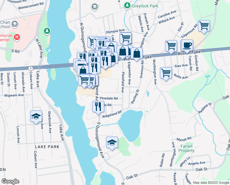 map of restaurants, bars, coffee shops, grocery stores, and more near 54 Plainfield Avenue in Shrewsbury