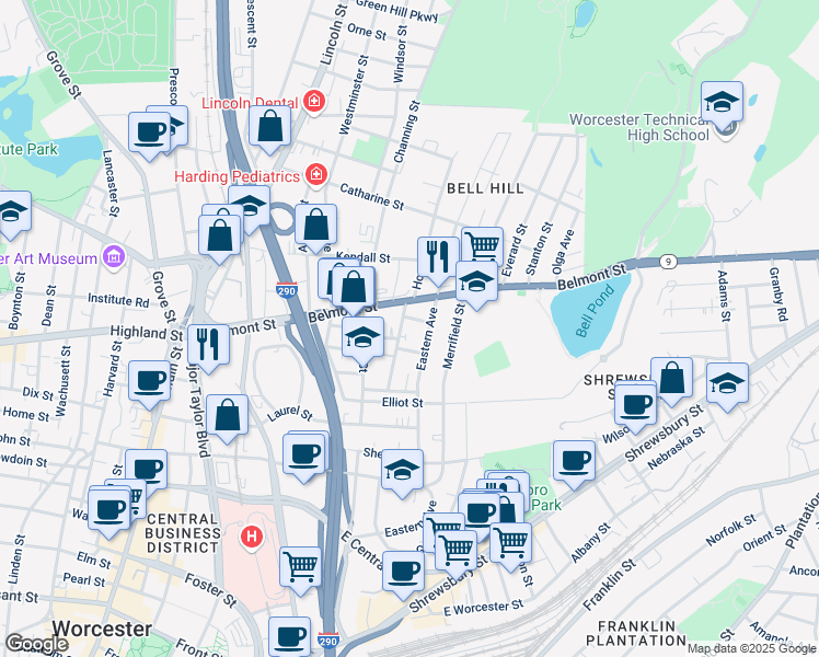 map of restaurants, bars, coffee shops, grocery stores, and more near 118 Eastern Avenue in Worcester