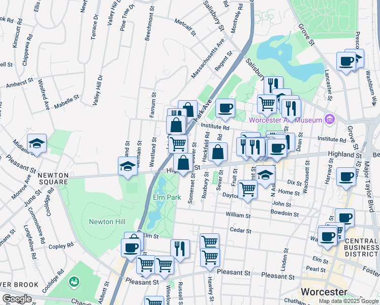 map of restaurants, bars, coffee shops, grocery stores, and more near 186 Russell Street in Worcester
