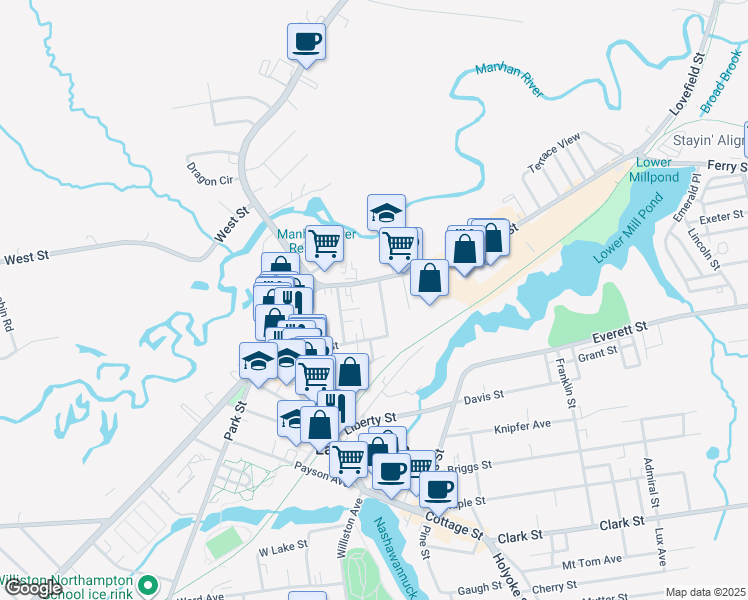 map of restaurants, bars, coffee shops, grocery stores, and more near 16-18 Pleasant Street in Easthampton