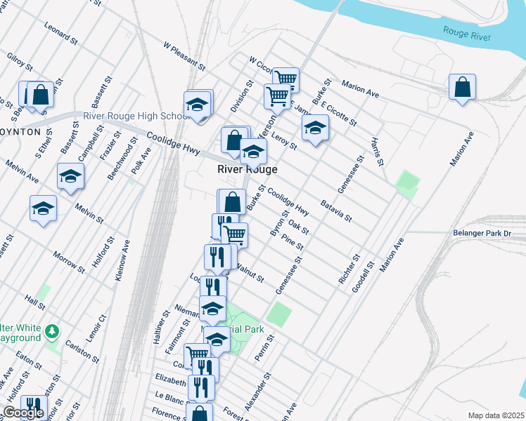 map of restaurants, bars, coffee shops, grocery stores, and more near 48 Oak Street in River Rouge