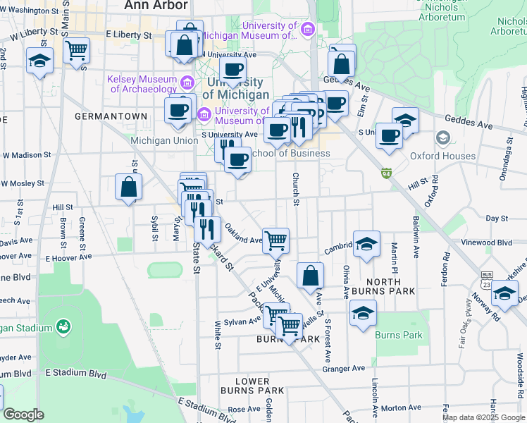 map of restaurants, bars, coffee shops, grocery stores, and more near 814 East University Avenue in Ann Arbor