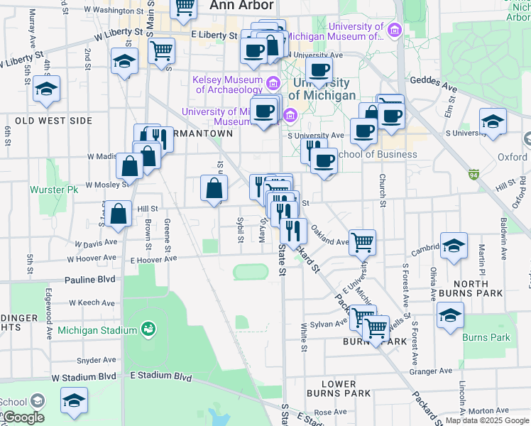 map of restaurants, bars, coffee shops, grocery stores, and more near in Ann Arbor