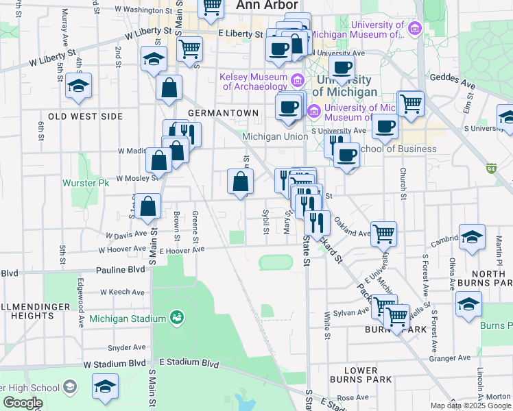map of restaurants, bars, coffee shops, grocery stores, and more near 424 Hill Street in Ann Arbor