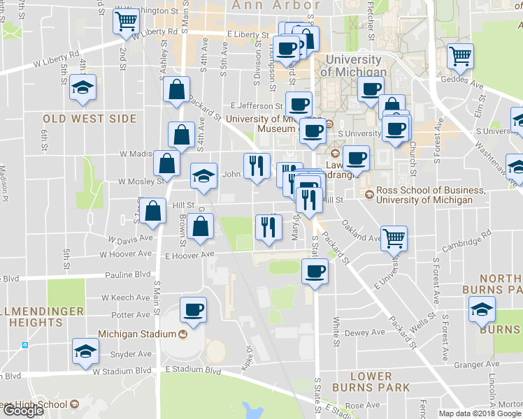map of restaurants, bars, coffee shops, grocery stores, and more near 424 Hill Street in Ann Arbor