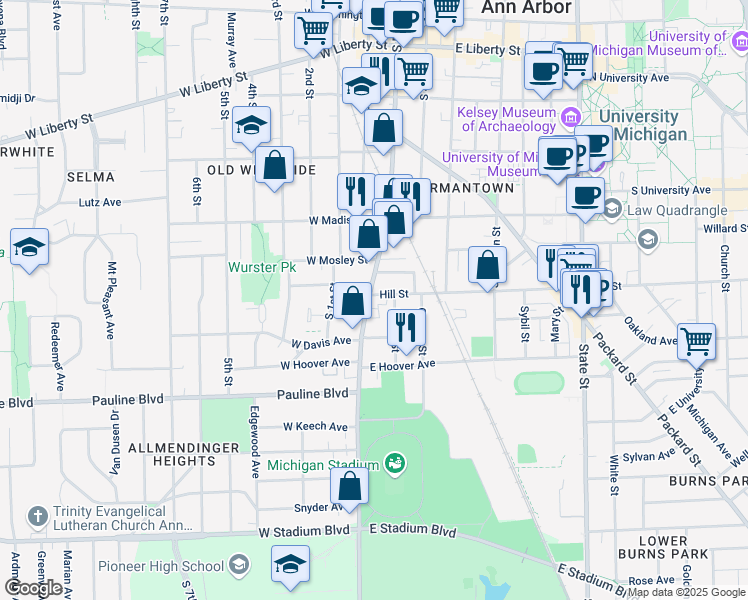 map of restaurants, bars, coffee shops, grocery stores, and more near 801 South Main Street in Ann Arbor