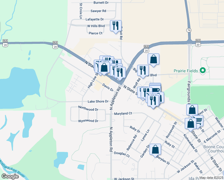 map of restaurants, bars, coffee shops, grocery stores, and more near 1988 Davis Drive in Belvidere
