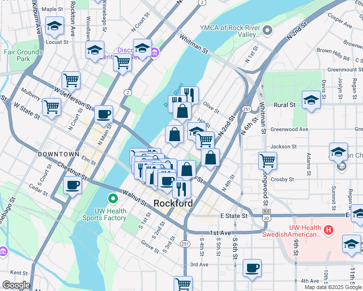 map of restaurants, bars, coffee shops, grocery stores, and more near 412 North 1st Street in Rockford
