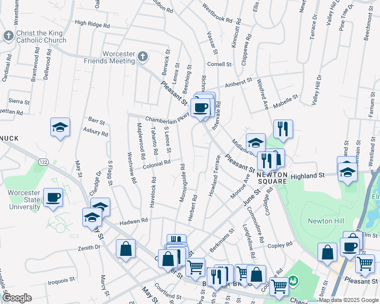 map of restaurants, bars, coffee shops, grocery stores, and more near 26 Saint Elmo Road in Worcester