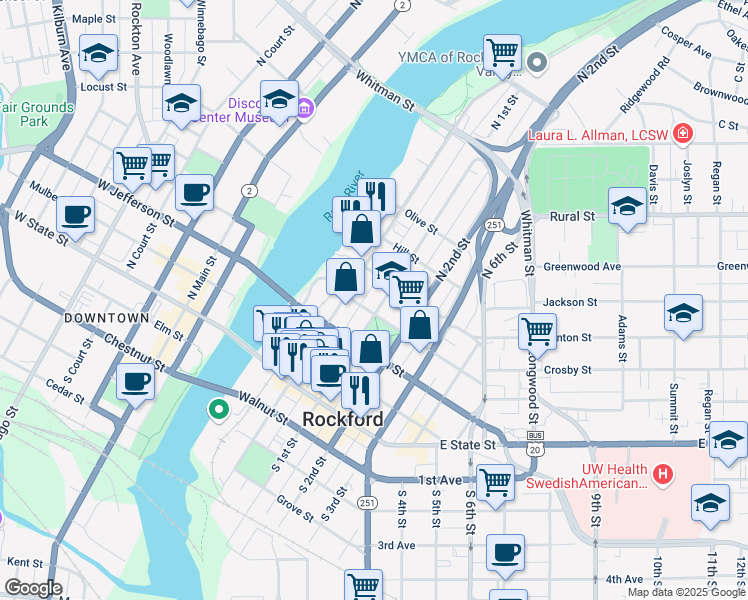 map of restaurants, bars, coffee shops, grocery stores, and more near 412 North 1st Street in Rockford