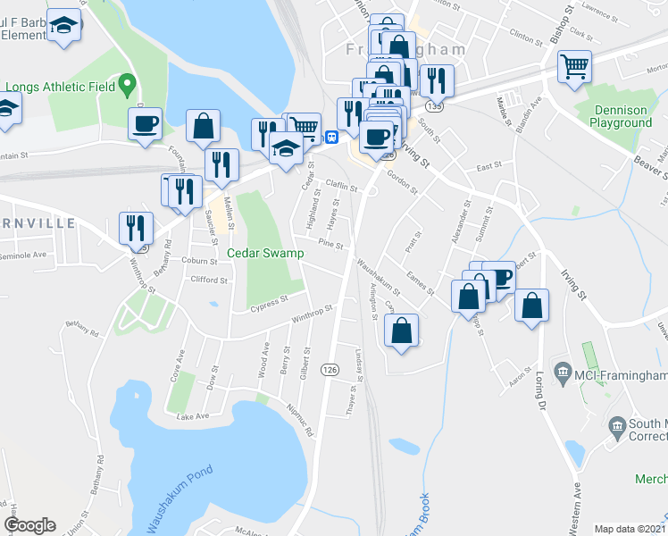 map of restaurants, bars, coffee shops, grocery stores, and more near 15 Charles Street in Framingham