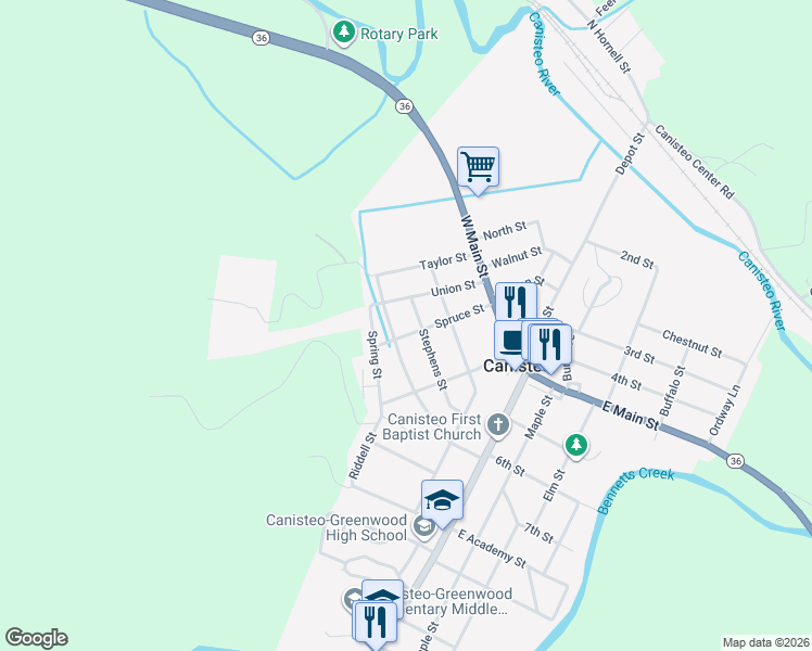 map of restaurants, bars, coffee shops, grocery stores, and more near 29 Stephens Street in Canisteo