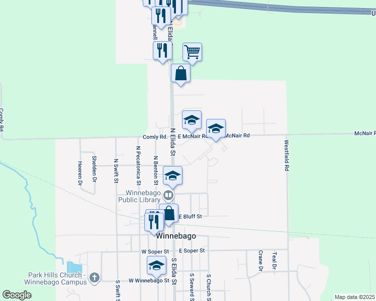map of restaurants, bars, coffee shops, grocery stores, and more near 407 North Elida Street in Winnebago