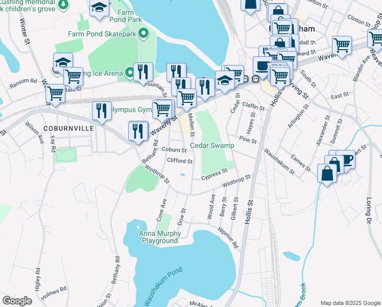 map of restaurants, bars, coffee shops, grocery stores, and more near 82 Mellen Street in Framingham