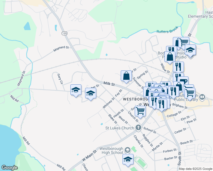 map of restaurants, bars, coffee shops, grocery stores, and more near 88 Milk Street in Westborough