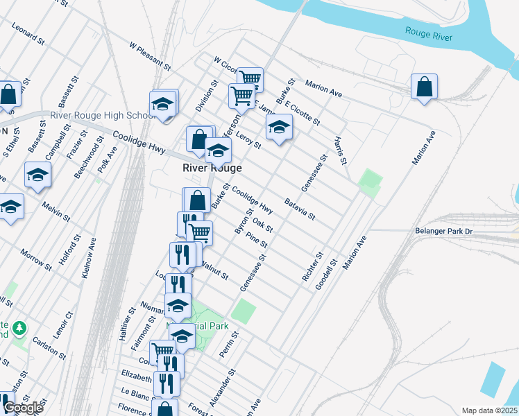 map of restaurants, bars, coffee shops, grocery stores, and more near 1139 Coolidge Highway in River Rouge