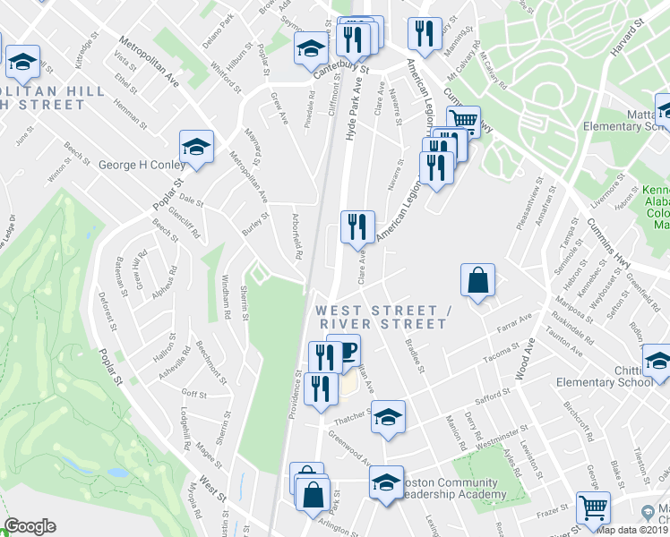 map of restaurants, bars, coffee shops, grocery stores, and more near 843 Hyde Park Avenue in Boston