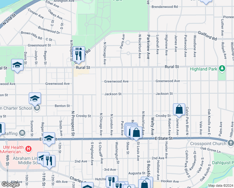 map of restaurants, bars, coffee shops, grocery stores, and more near 2000 Jackson Street in Rockford