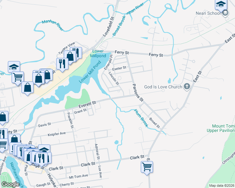 map of restaurants, bars, coffee shops, grocery stores, and more near 10-12 Clinton Street in Easthampton