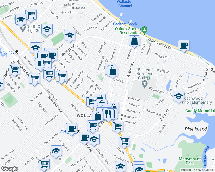 map of restaurants, bars, coffee shops, grocery stores, and more near 114 Beach Street in Quincy