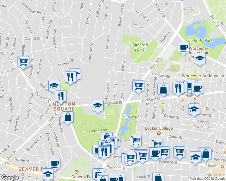 map of restaurants, bars, coffee shops, grocery stores, and more near 9 Germain Street in Worcester