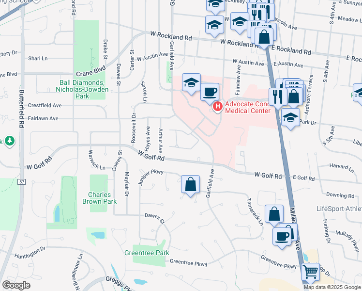 map of restaurants, bars, coffee shops, grocery stores, and more near 871 Garfield Avenue in Libertyville