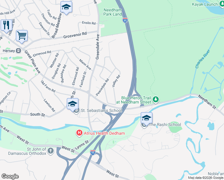 map of restaurants, bars, coffee shops, grocery stores, and more near 199 Valley Road in Needham