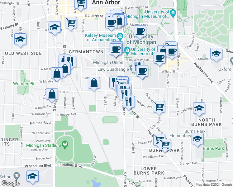 map of restaurants, bars, coffee shops, grocery stores, and more near 606 Packard Street in Ann Arbor