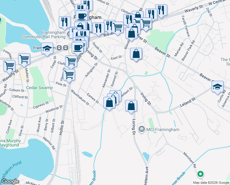 map of restaurants, bars, coffee shops, grocery stores, and more near 11 Wellington Avenue in Framingham