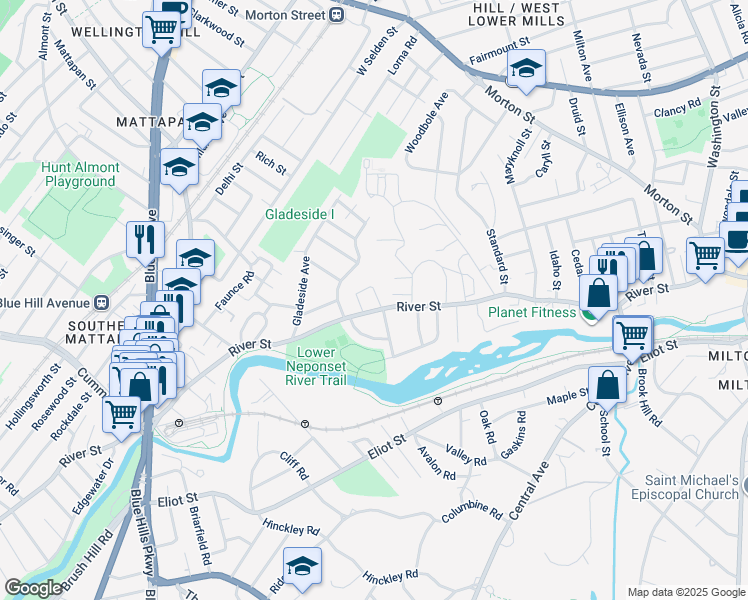 map of restaurants, bars, coffee shops, grocery stores, and more near 6 Newcroft Circle in Boston